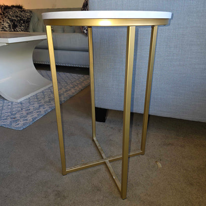 Faux Round Stone Top with Brass Colored Base Accent Table