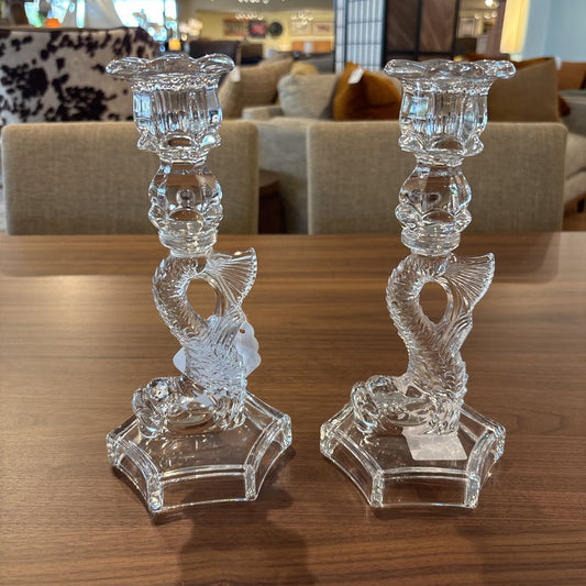 Set of 2 Glass Dolphin Candlesticks