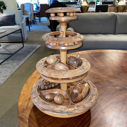 Vintage Tiered Carved Monkey Pod w/ Wooden Fruits