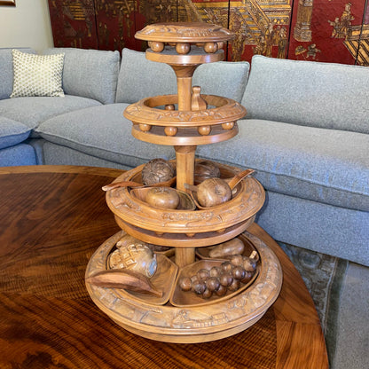 Vintage Tiered Carved Monkey Pod w/ Wooden Fruits