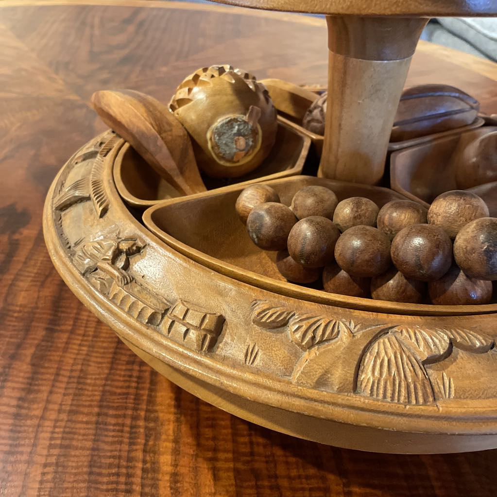 Vintage Tiered Carved Monkey Pod w/ Wooden Fruits