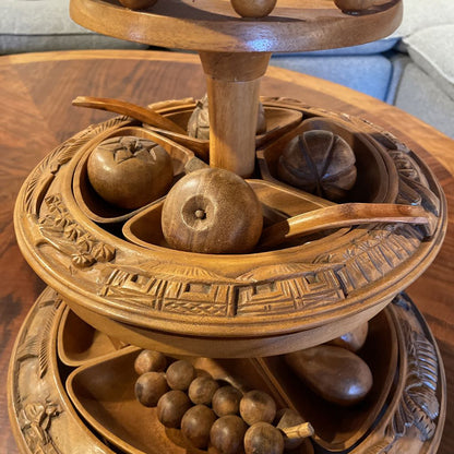 Vintage Tiered Carved Monkey Pod w/ Wooden Fruits