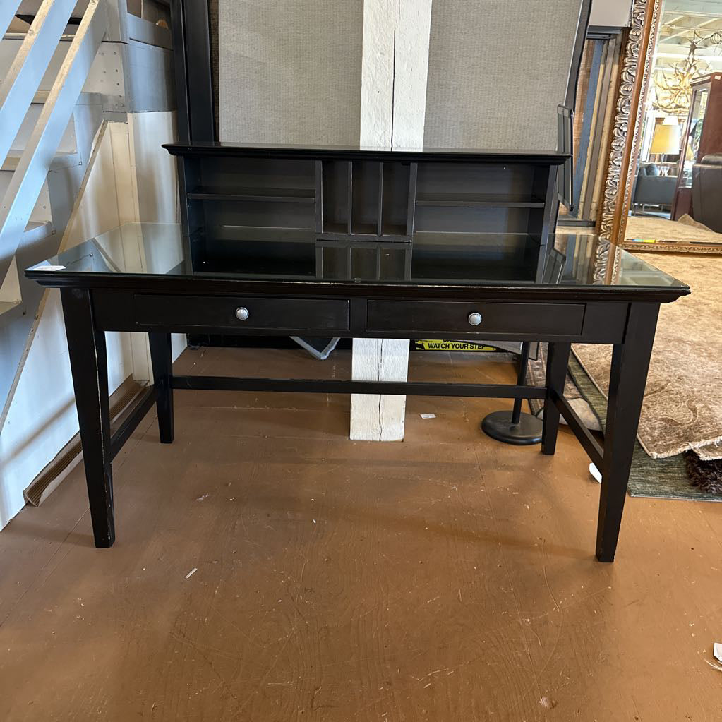 Two Drawer Black Desk W/ Glass Top And Organizer