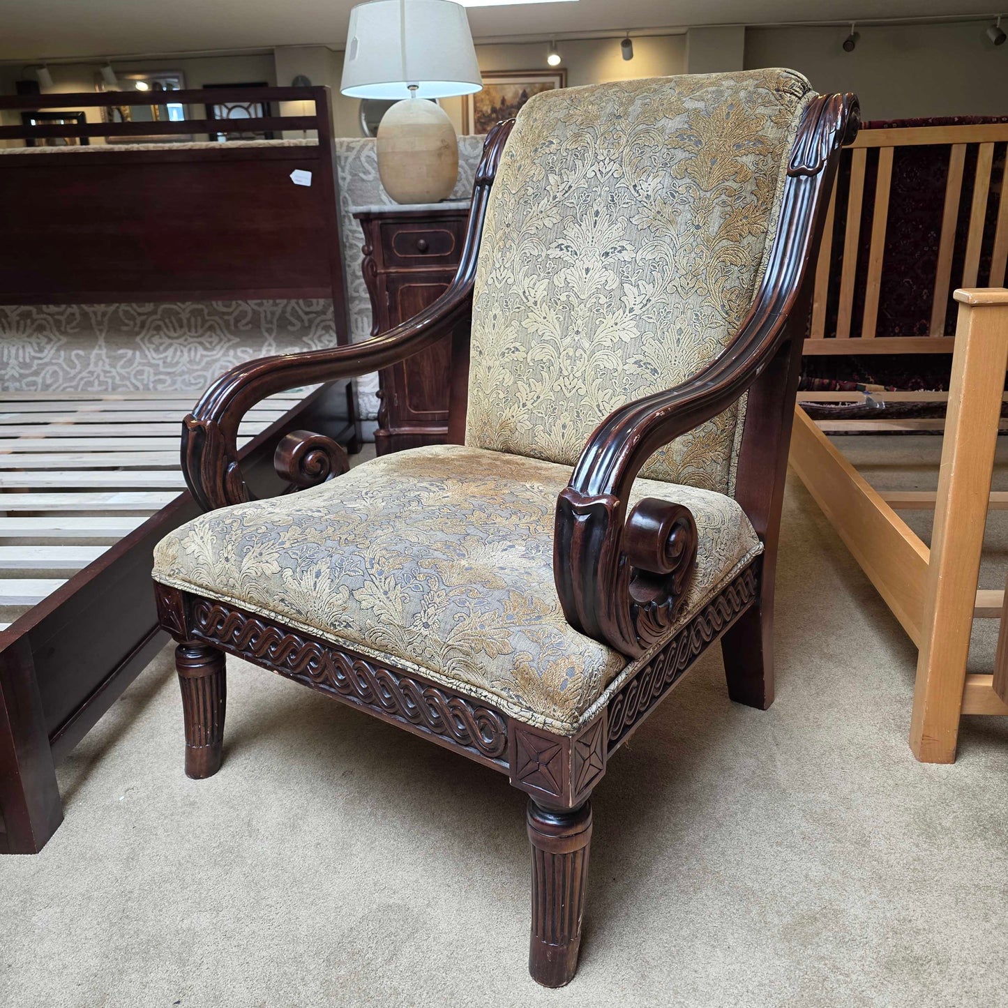Ornate Curved Arm Floral Patterned Chair