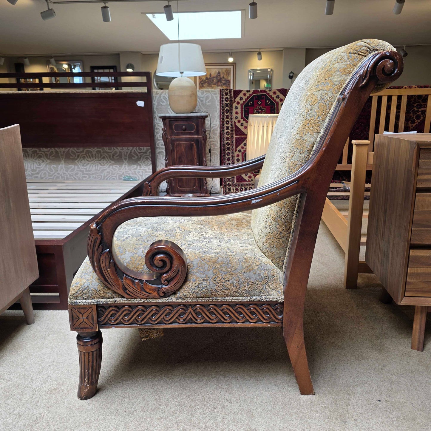 Ornate Curved Arm Floral Patterned Chair