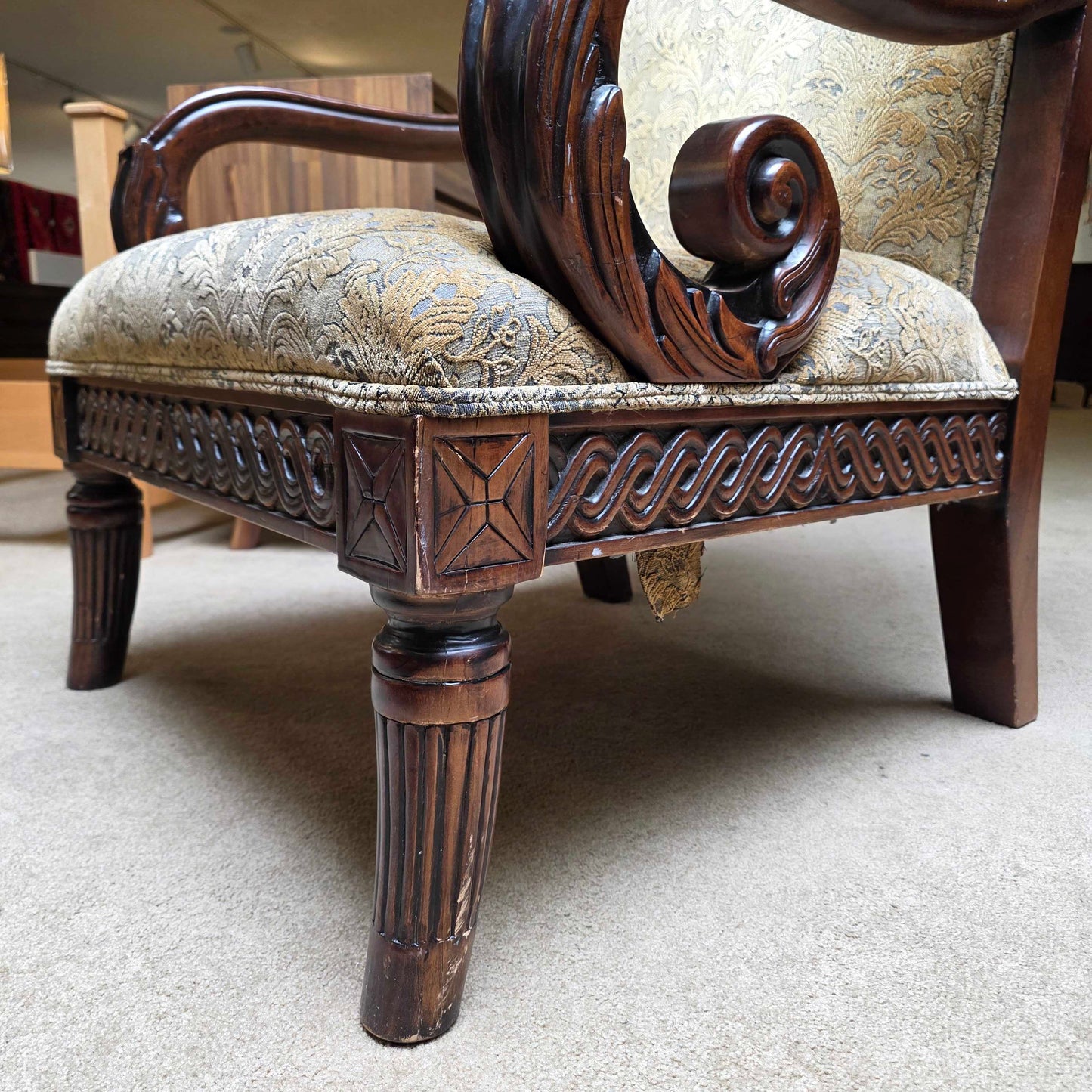 Ornate Curved Arm Floral Patterned Chair