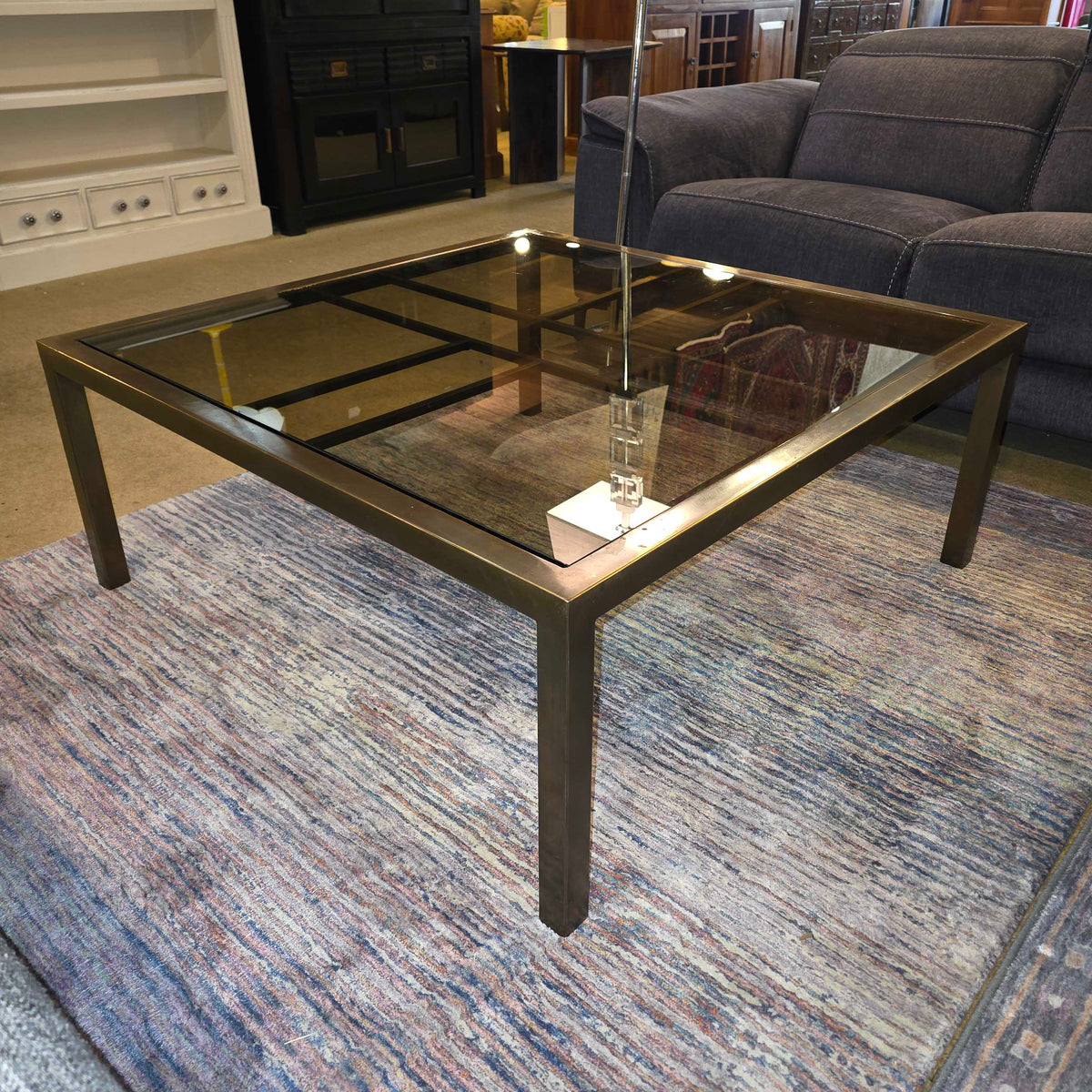 Square Metal Grid Frame Glass Top Coffee Table