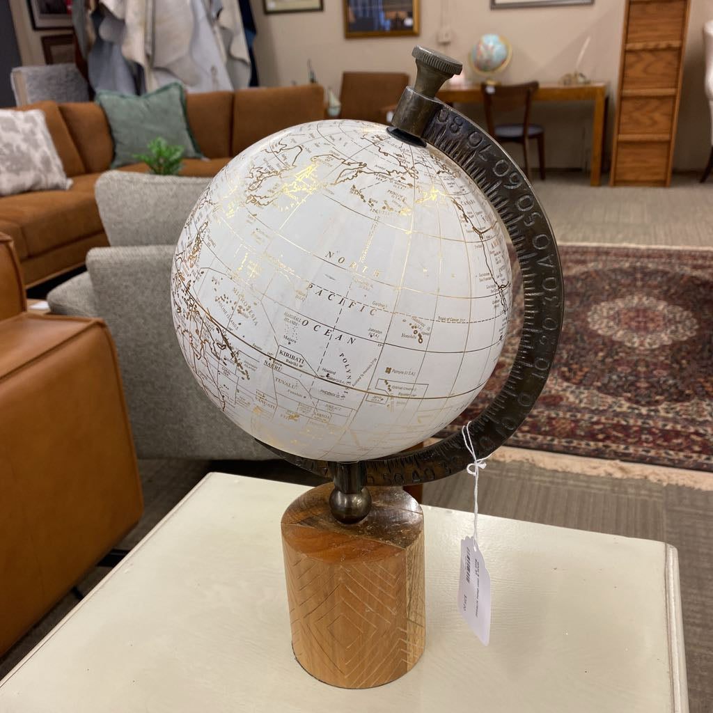 White & Gold Globe w/Wood Base