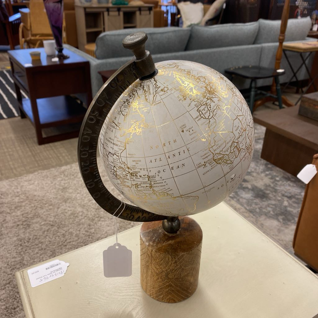 White & Gold Globe w/Wood Base