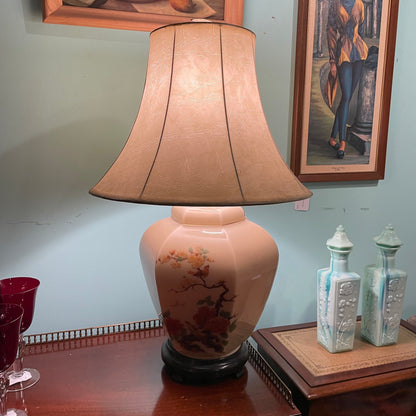 Six-Sided Ceramic Lamp with Asian Orange Flowers and Birds Motif