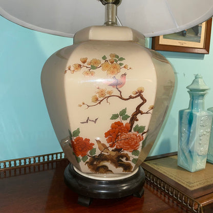 Six-Sided Ceramic Lamp with Asian Orange Flowers and Birds Motif