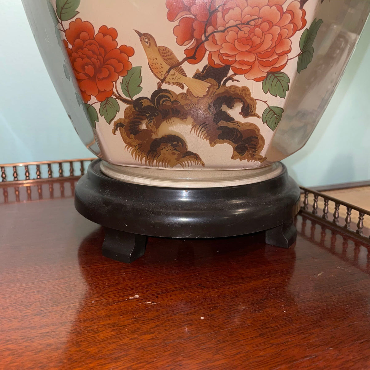 Six-Sided Ceramic Lamp with Asian Orange Flowers and Birds Motif