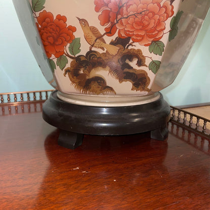 Six-Sided Ceramic Lamp with Asian Orange Flowers and Birds Motif