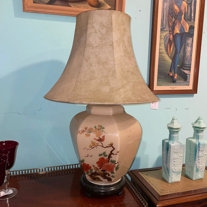 Six-Sided Ceramic Lamp with Asian Orange Flowers and Birds Motif