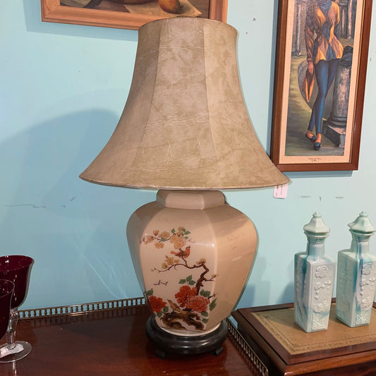 Six-Sided Ceramic Lamp with Asian Orange Flowers and Birds Motif