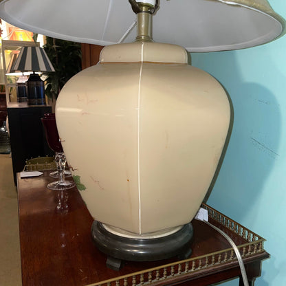 Six-Sided Ceramic Lamp with Asian Orange Flowers and Birds Motif