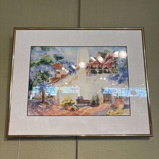 Signed Watercoler Coastal Building in Flowers Art