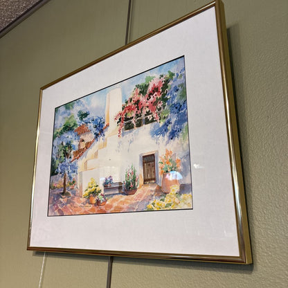 Signed Watercoler Coastal Building in Flowers Art