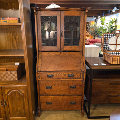 Oak Shelving with Stained Glass Double Doors AS IS