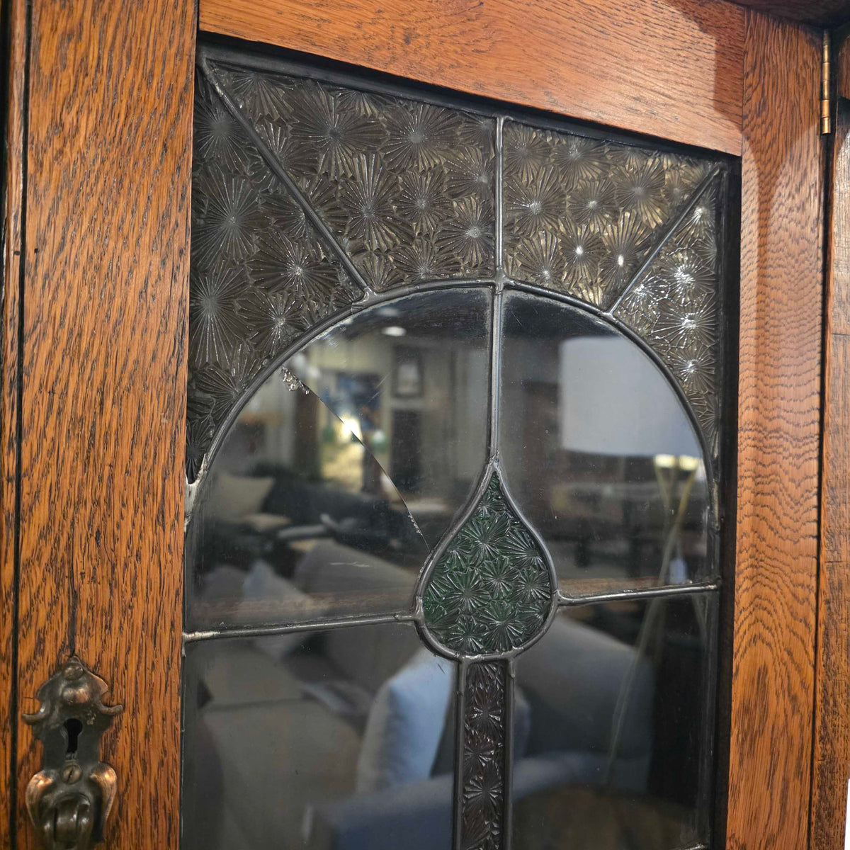 Oak Shelving with Stained Glass Double Doors AS IS