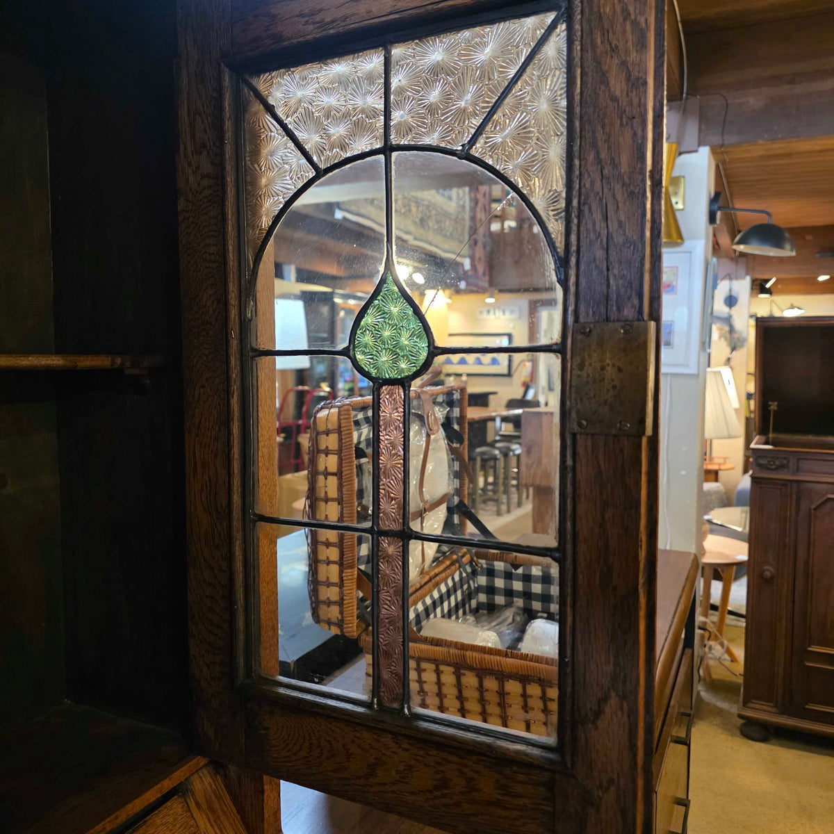 Oak Shelving with Stained Glass Double Doors AS IS