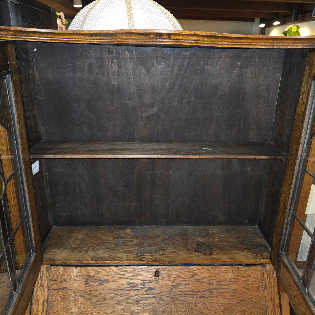 Oak Shelving with Stained Glass Double Doors AS IS