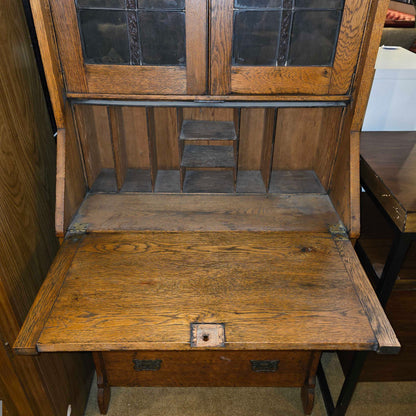 Oak Shelving with Stained Glass Double Doors AS IS