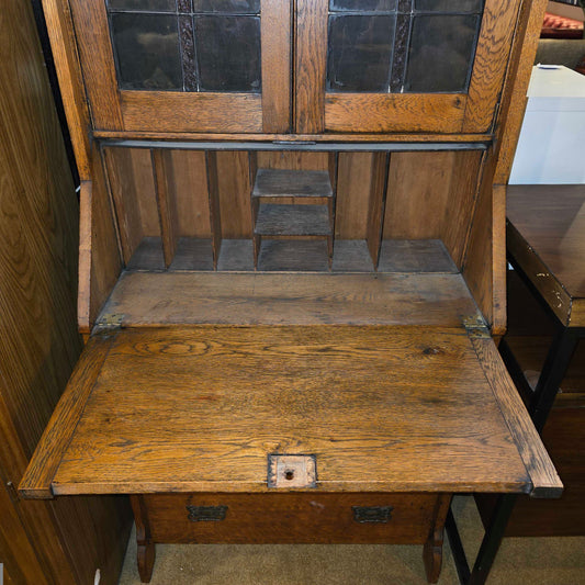Oak Shelving with Stained Glass Double Doors AS IS