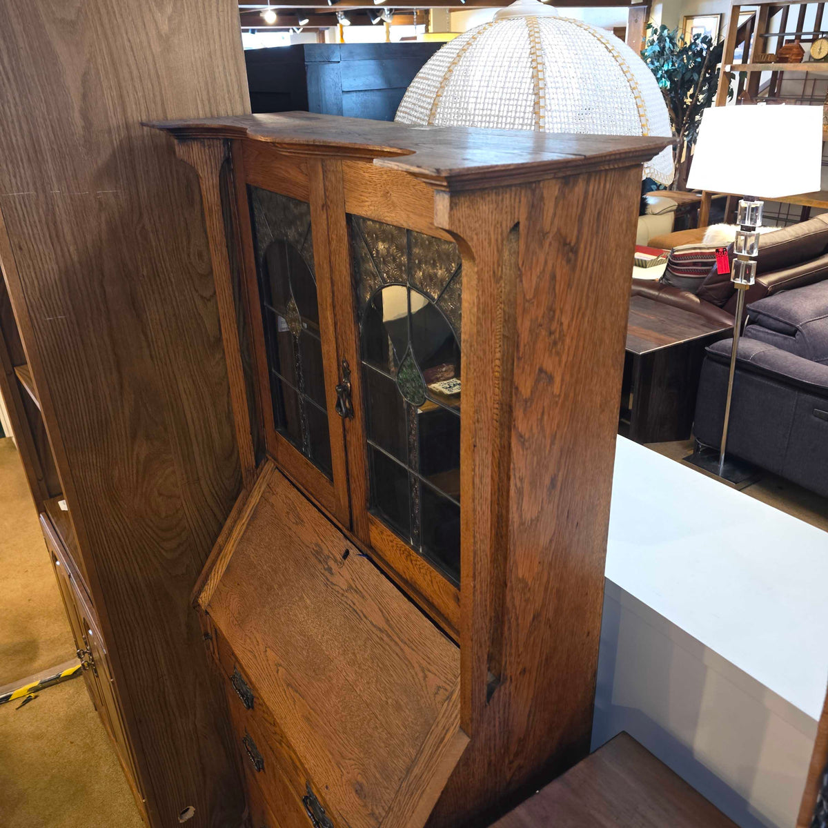 Oak Shelving with Stained Glass Double Doors AS IS