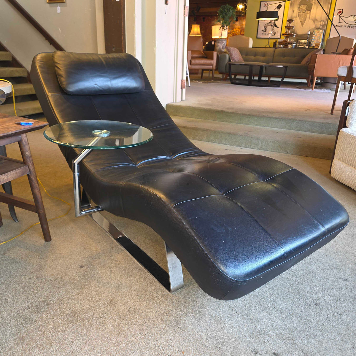 Bo Concept Leather Melo Reclining Black Chaise with Attached Side Table