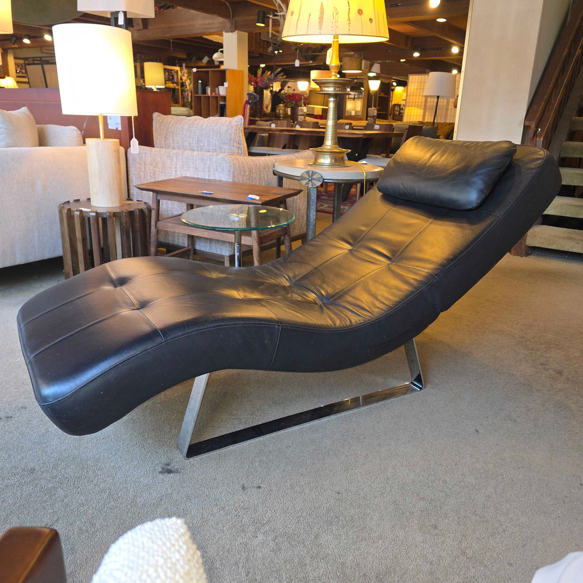 Bo Concept Leather Melo Reclining Black Chaise with Attached Side Table