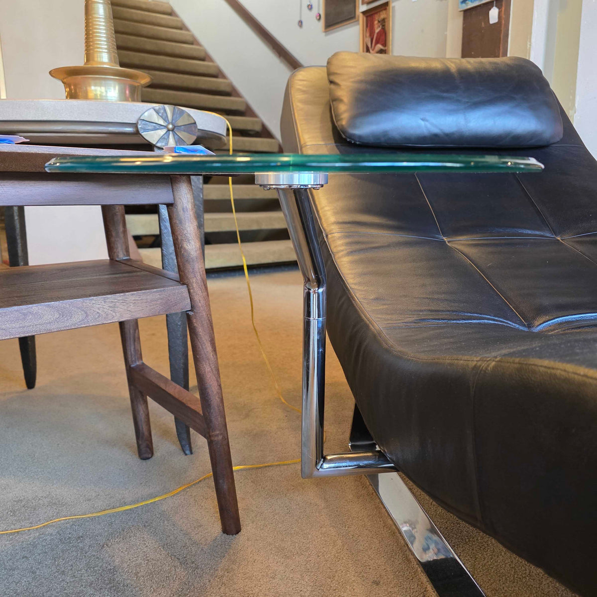 Bo Concept Leather Melo Reclining Black Chaise with Attached Side Table