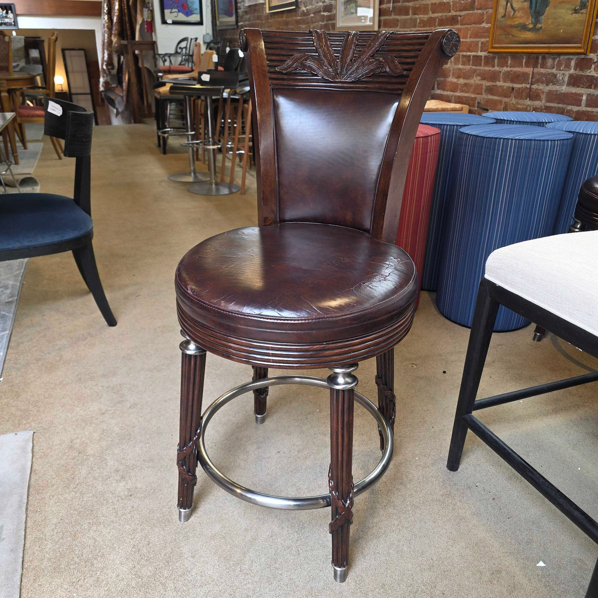 Dark Wood Swivel Stool w/ Carved Decorative Detailing