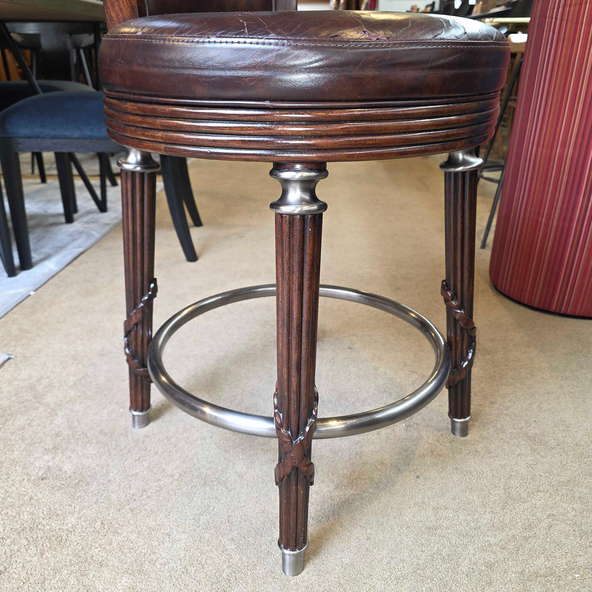 Dark Wood Swivel Stool w/ Carved Decorative Detailing