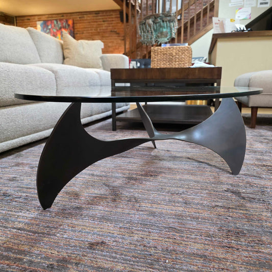 Metal Sculptural Base Egg Shaped Glass Top Coffee Table
