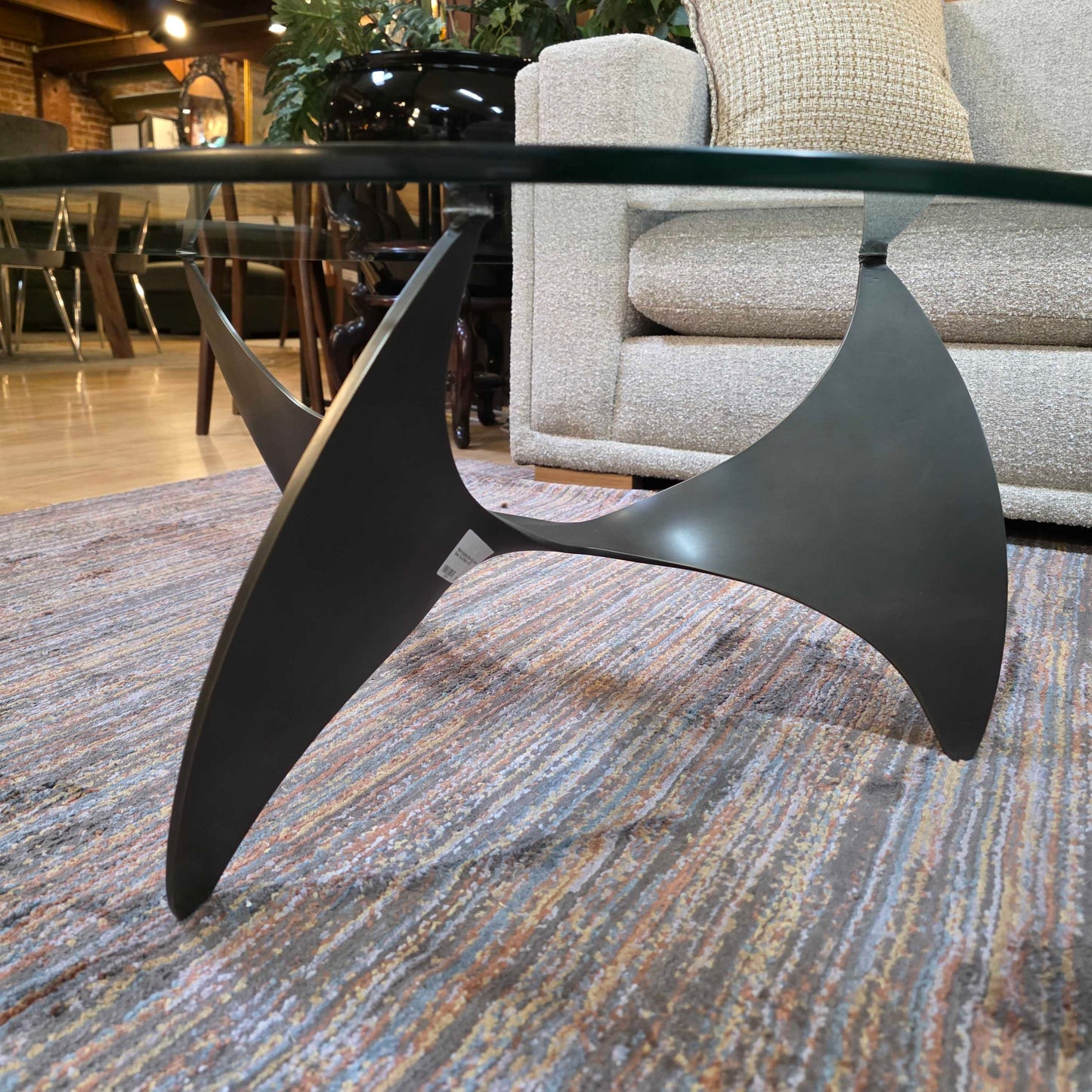 Metal Sculptural Base Egg Shaped Glass Top Coffee Table