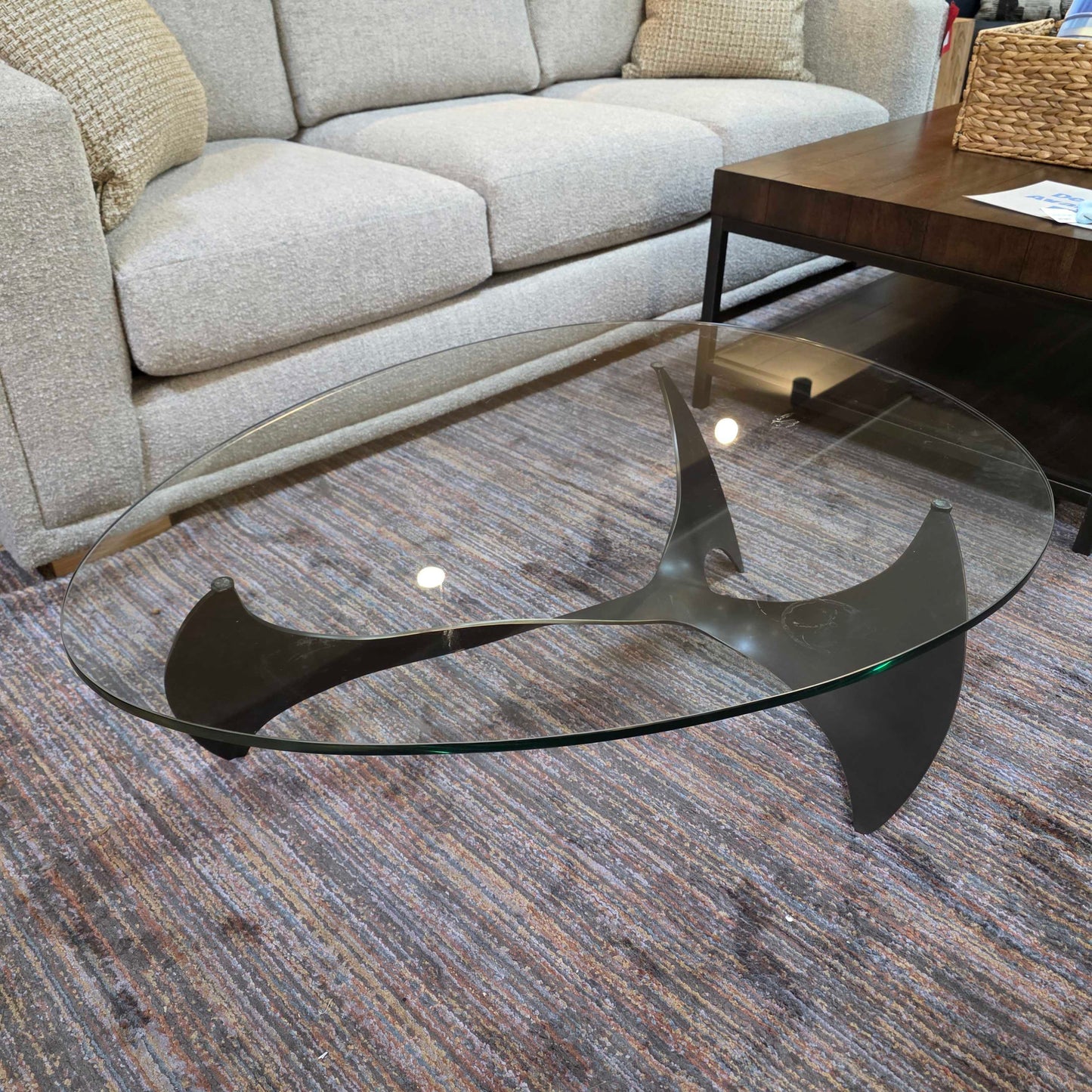 Metal Sculptural Base Egg Shaped Glass Top Coffee Table
