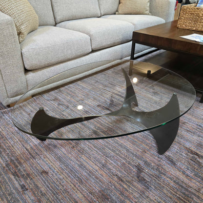 Metal Sculptural Base Egg Shaped Glass Top Coffee Table