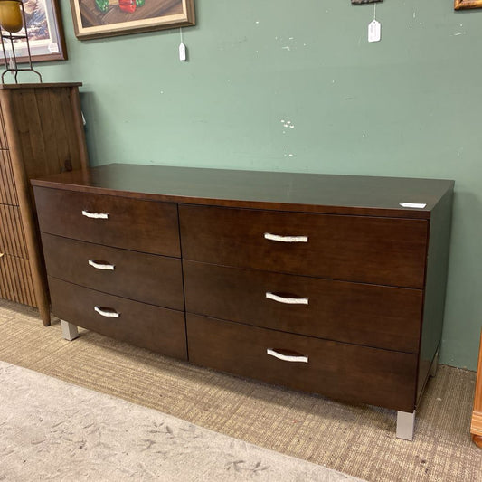Contemporary Curved Front Dark Wood Double Dresser w/Bedazzled Pulls