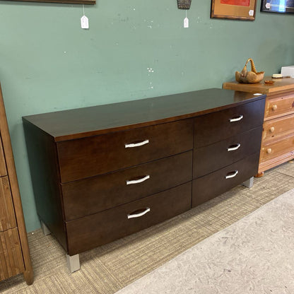 Contemporary Curved Front Dark Wood Double Dresser w/Bedazzled Pulls