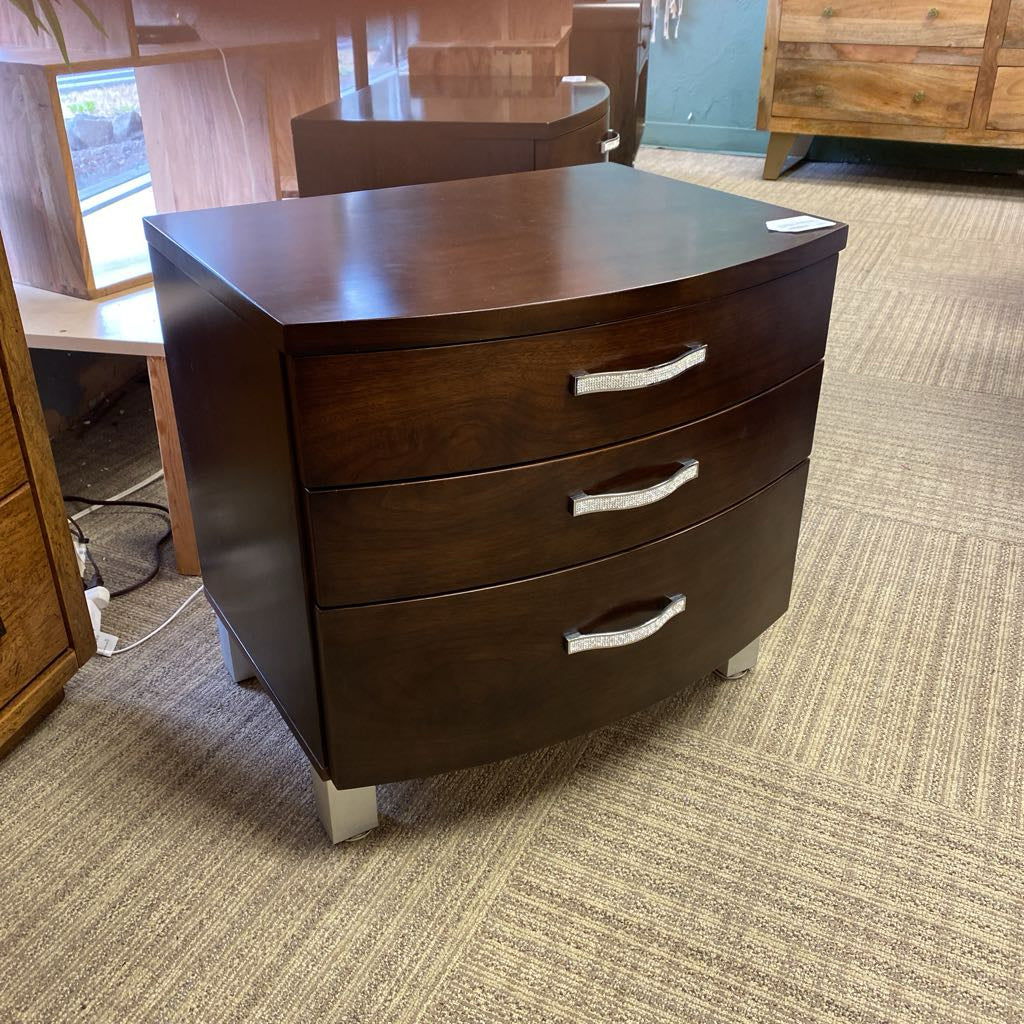 Contemporary Curved Front Dark Wood Nightstand w/Bedazzled Pulls