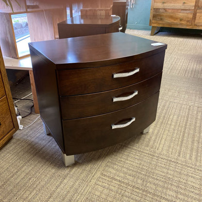 Contemporary Curved Front Dark Wood Nightstand w/Bedazzled Pulls