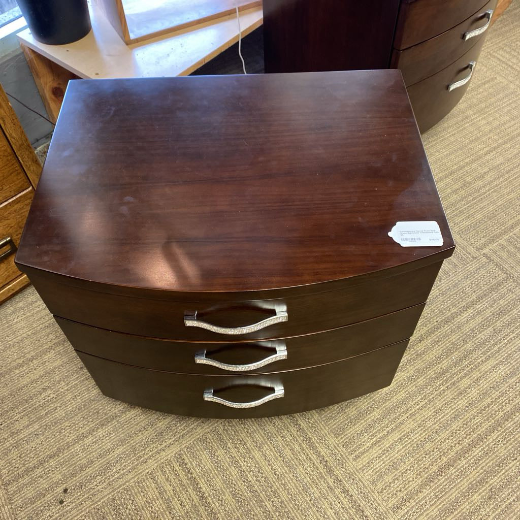 Contemporary Curved Front Dark Wood Nightstand w/Bedazzled Pulls