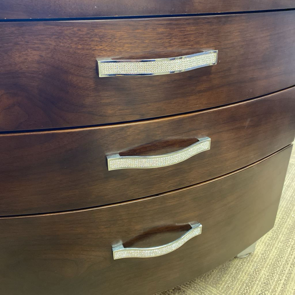 Contemporary Curved Front Dark Wood Nightstand w/Bedazzled Pulls