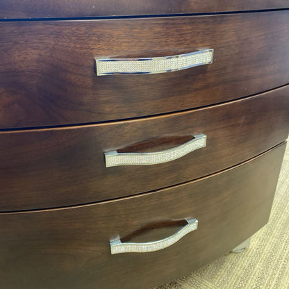 Contemporary Curved Front Dark Wood Nightstand w/Bedazzled Pulls