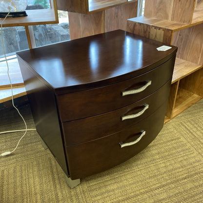 Contemporary Curved Front Dark Wood Nightstand w/Bedazzled Pulls