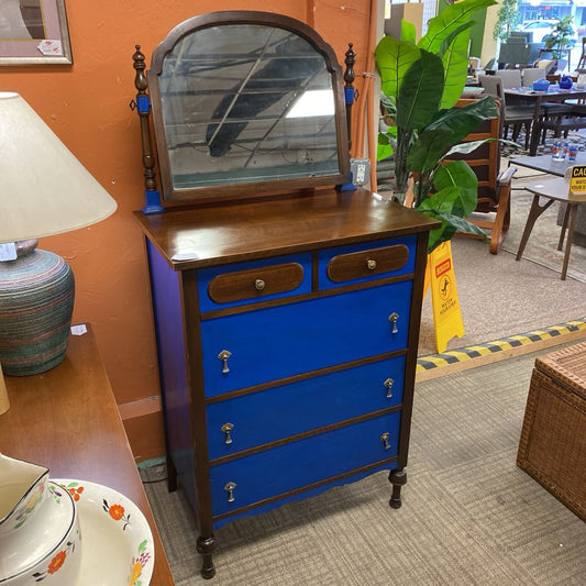 Antique Traditional Chest of Drawers w/Blue Accents & Mirror