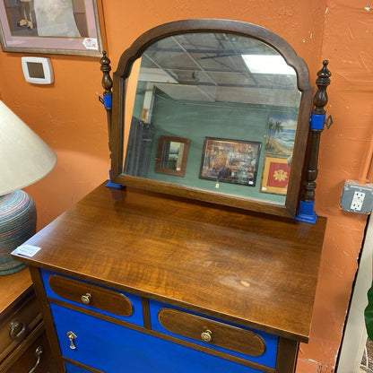 Antique Traditional Chest of Drawers w/Blue Accents & Mirror