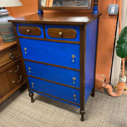 Antique Traditional Chest of Drawers w/Blue Accents & Mirror