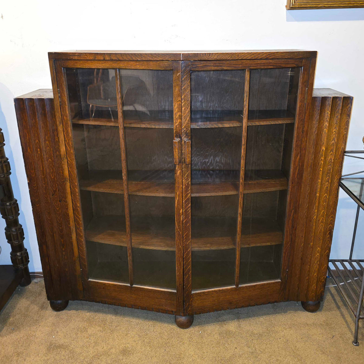 Vintage Dark Oak Glass Door Cabinet w/ Book Storage on Sides